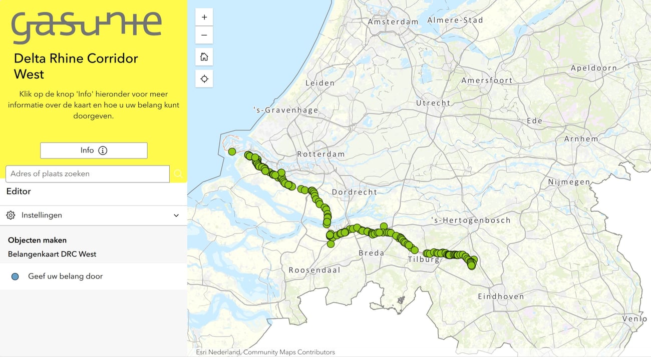 A map of the western Delta Rhine Corridor with a route marked by green circles