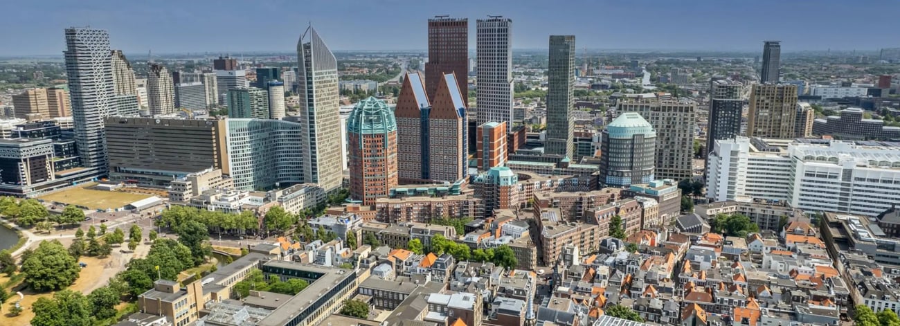 A panoramic city skyline with modern towers, historic buildings, and a park